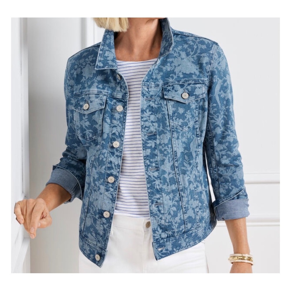 Talbots‎ Floral Damask Print Denim Jacket Blue Jean Button Front Womens XL